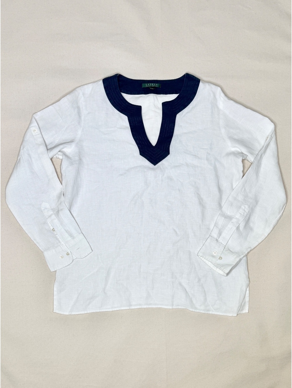 Lauren Ralph Lauren White Linen Tunic Blouse Navy Trim Women’s L
